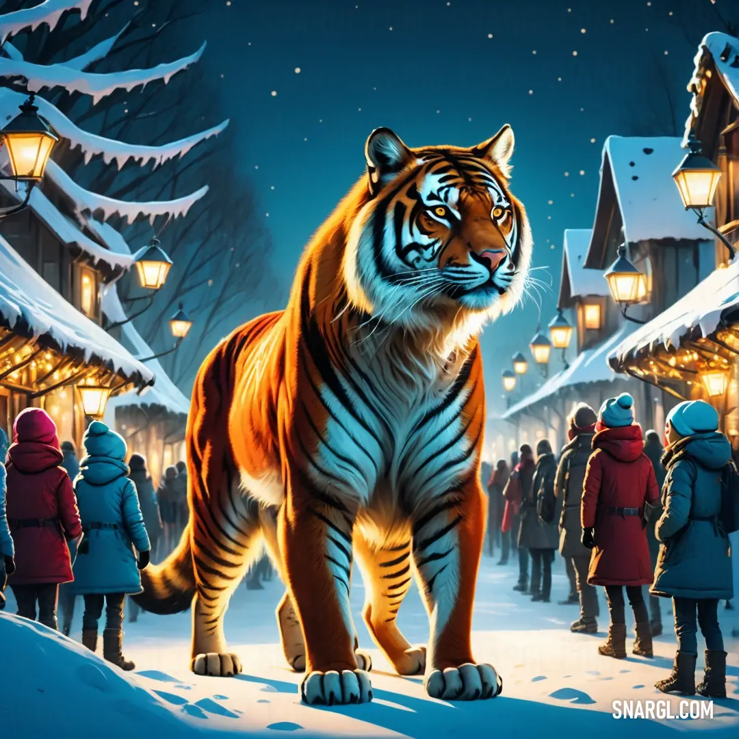 Tiger standing in the snow in front of a crowd of people in winter clothes and a building with lights