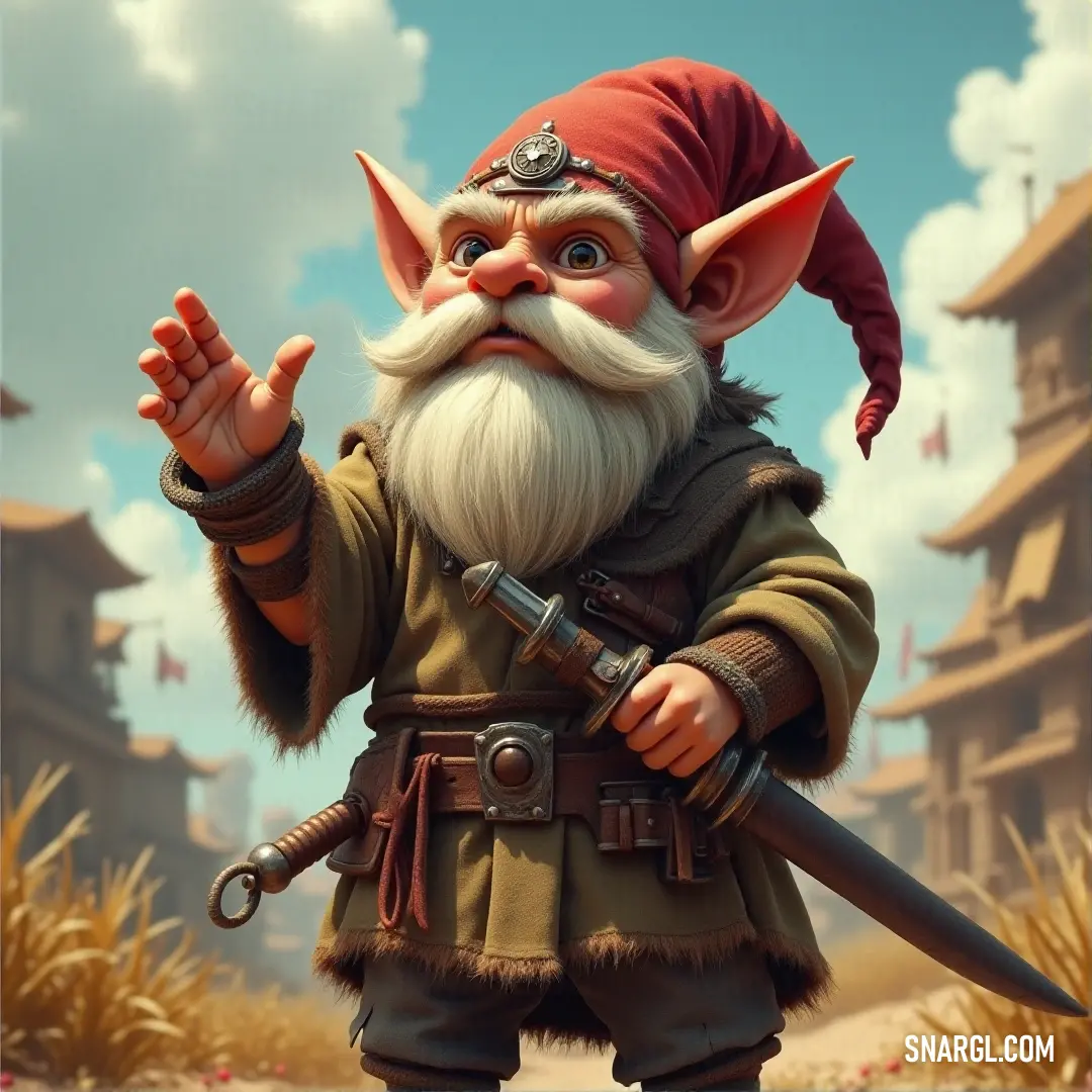 Teebo, sporting a thick beard and two red hats, stands firm, sword in hand, ready to face any challenge that comes his way. Teebo, with a thick beard and a red hat, stands proudly holding a sword in one hand. His stance is strong, and the dual red hats add a touch of whimsy to his otherwise warrior-like appearance.