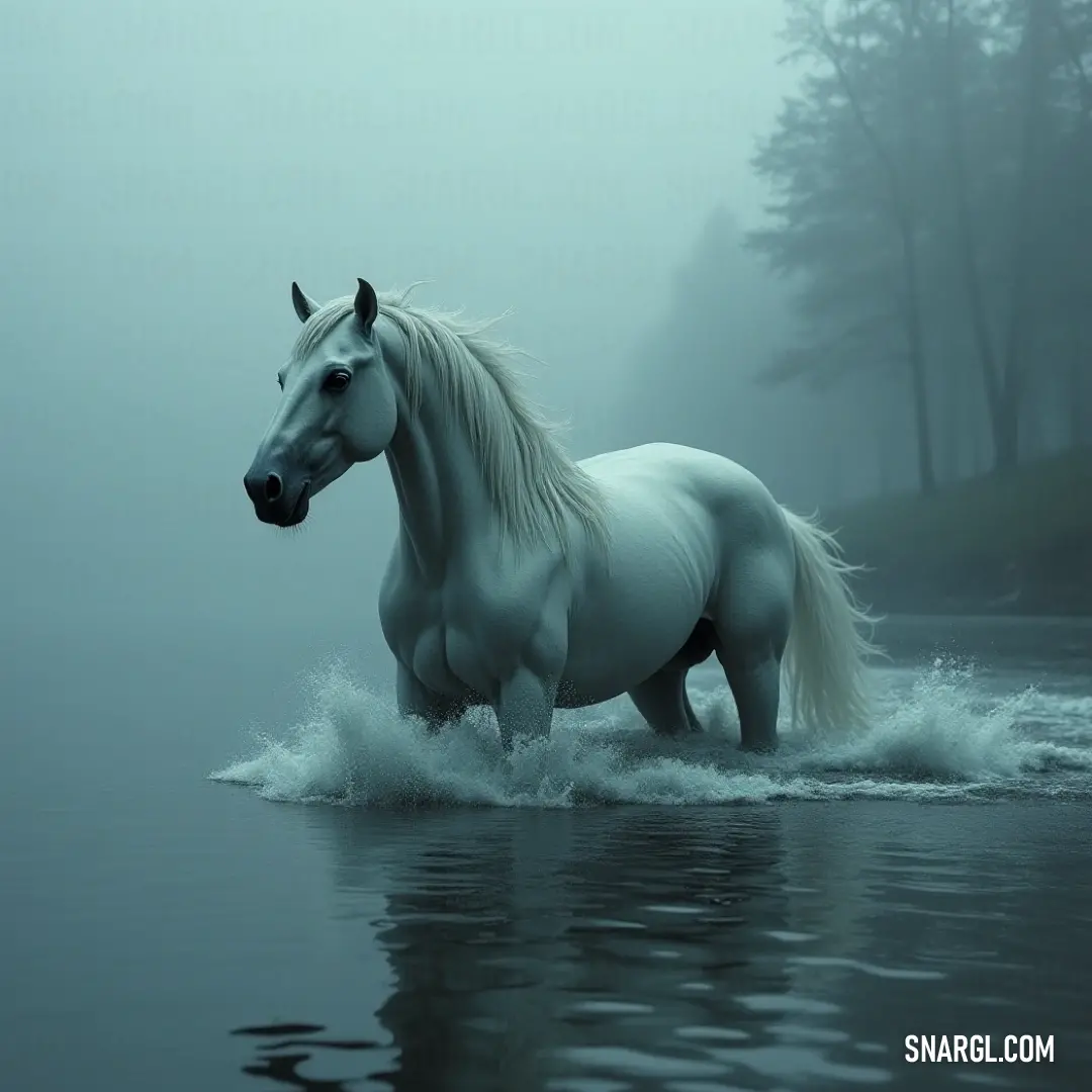Vigorous white Tein racing through water on a fog-strewn day, effortlessly blending joy with the tranquility of its forested surroundings. A spirited white Tein splashes through the misty waters of a foggy day, with a backdrop of tall trees, exuding a wild freedom and a connection to the serene landscapes around it.
