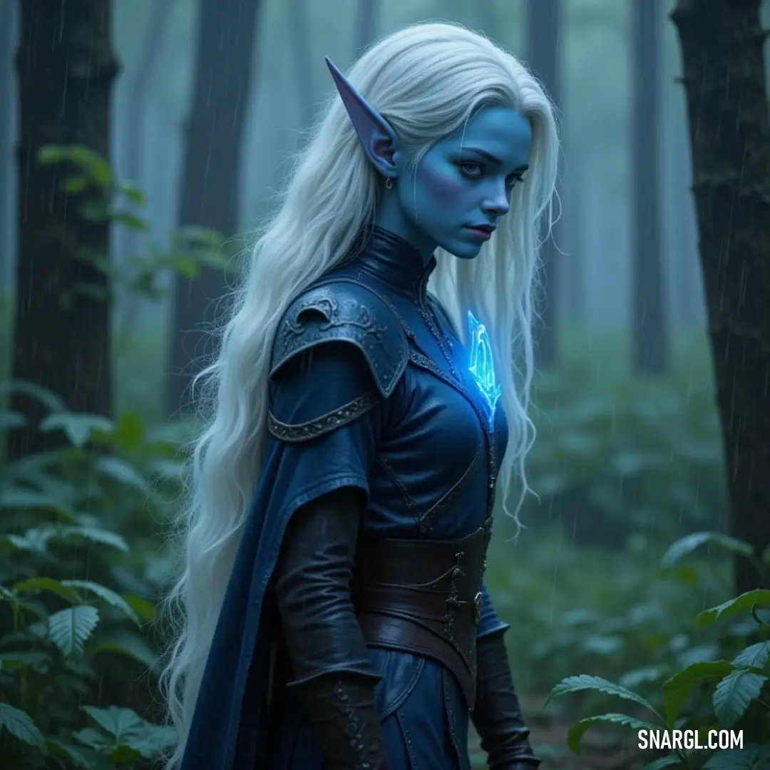A fierce warrior clad in elegant blue garb stands confidently in the woodland, sword in hand, ready for whatever may come her way. Towering trees provide a mysterious backdrop as dappled sunlight filters through the leaves, creating a unique interplay of 