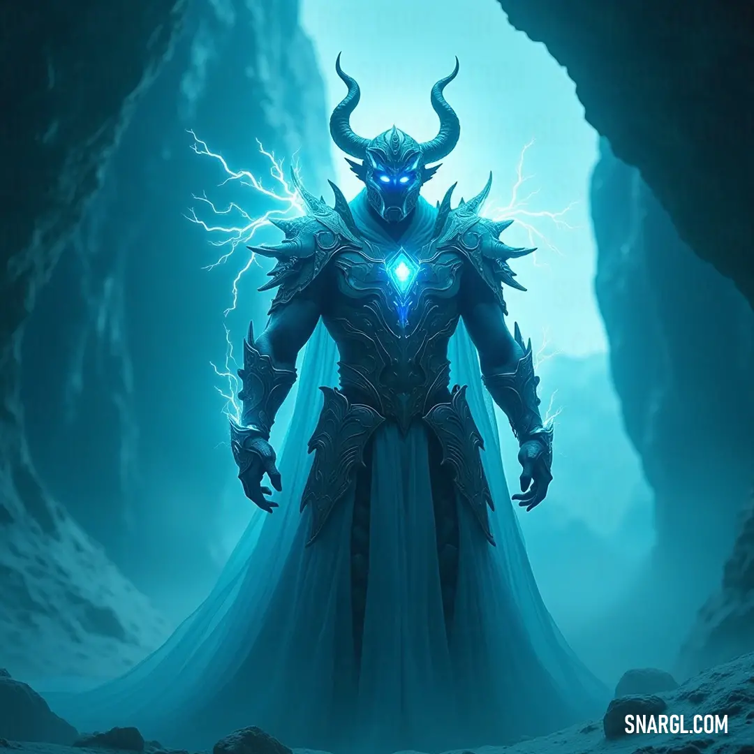 Imposing Tempest in striking blue costume, showcasing demonic horns in a shadowy cave filled with power and mystery. Tempest, dressed in fierce blue, stands confidently in a dark cave, his demonic horns casting dramatic shadows as he embodies the raw power of the storm, ready to unleash elemental fury.