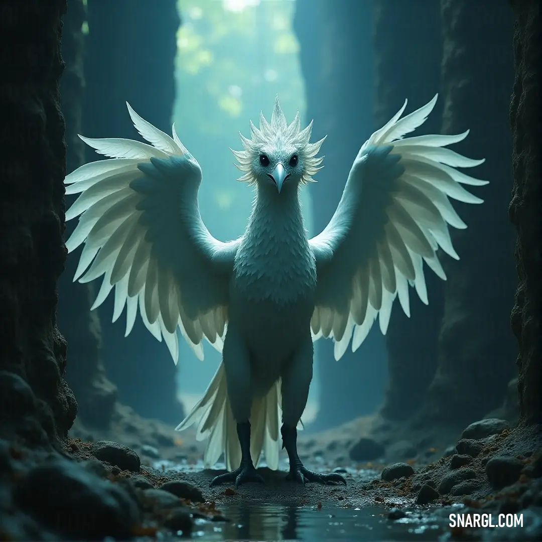 A graceful white Tempestfeather stands in a cave with wings spread wide, surrounded by water and rocks, its feathers shimmering in the soft light that reflects off the wet surfaces.