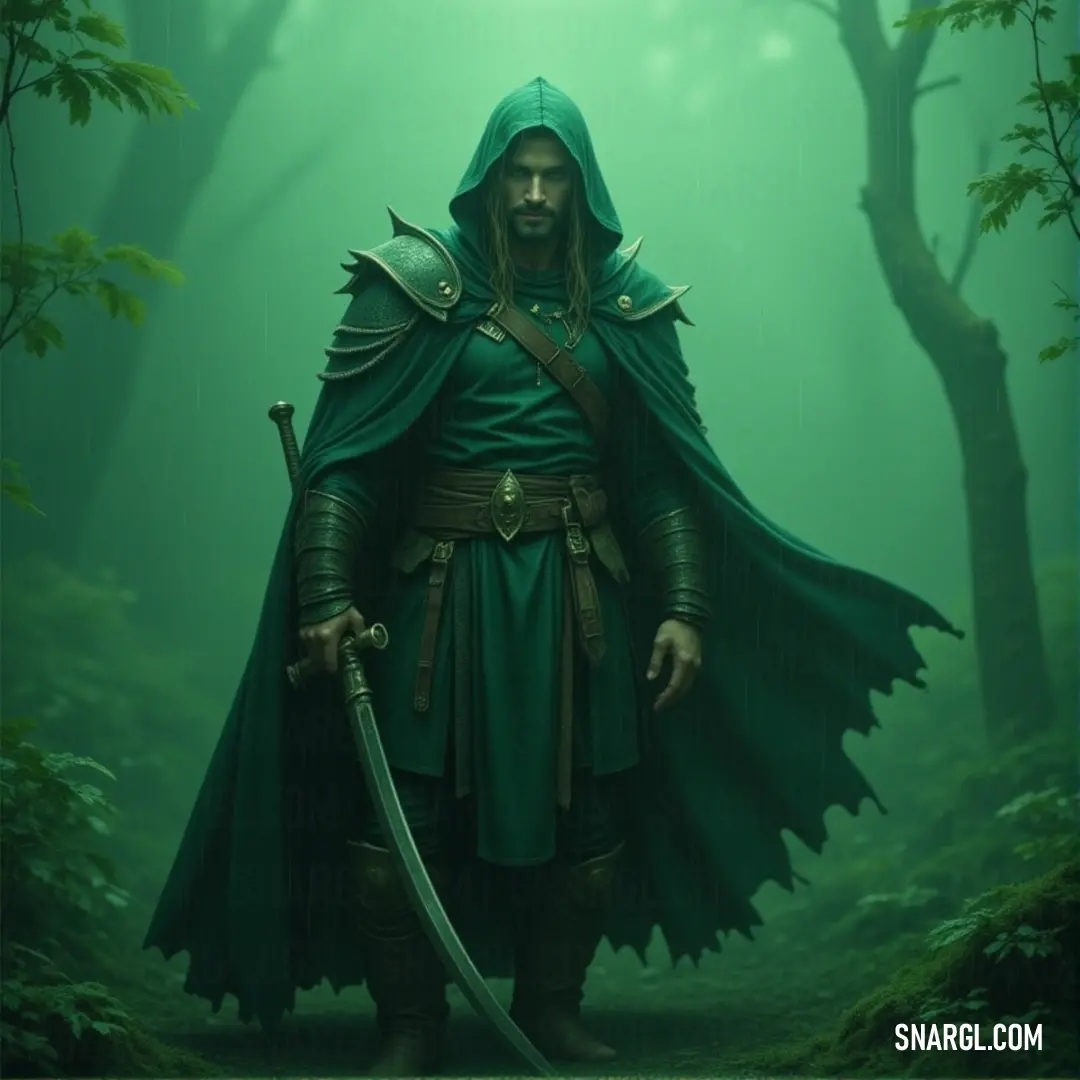 A lone templar, sword in hand, stands amid the fog-drenched forest. The misty trees create an eerie silence, as if nature itself holds its breath in anticipation. A templar in a green outfit stands in a foggy forest, gripping a sword with determination. The trees loom behind him, their twisted branches shrouded in mist, adding a sense of foreboding to the scene.