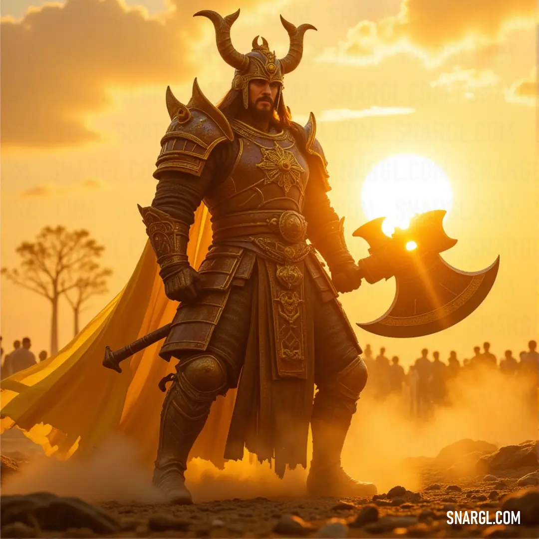 Tenjin, armored and sword in hand, stands before a vibrant sunset, with a distant crowd awaiting what is to come. Tenjin, clad in shining armor, grips a sword as a sunset bathes the scene in fiery hues. A crowd of people stands in the distance, caught in the moment of a decisive battle.