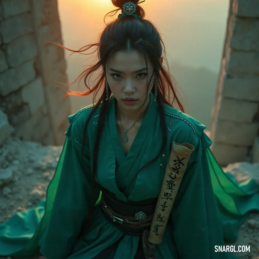 Tenko, wearing a green dress, stands tall on a rock with a stick in hand. The bright sun in the background enhances her connection with nature, giving the scene a powerful, natural ambiance. Tenko, dressed in a green outfit, stands on a rocky outcrop with a stick in her hand. The warm sun shines brightly behind her, casting long shadows on the landscape and highlighting her confident posture amidst nature.