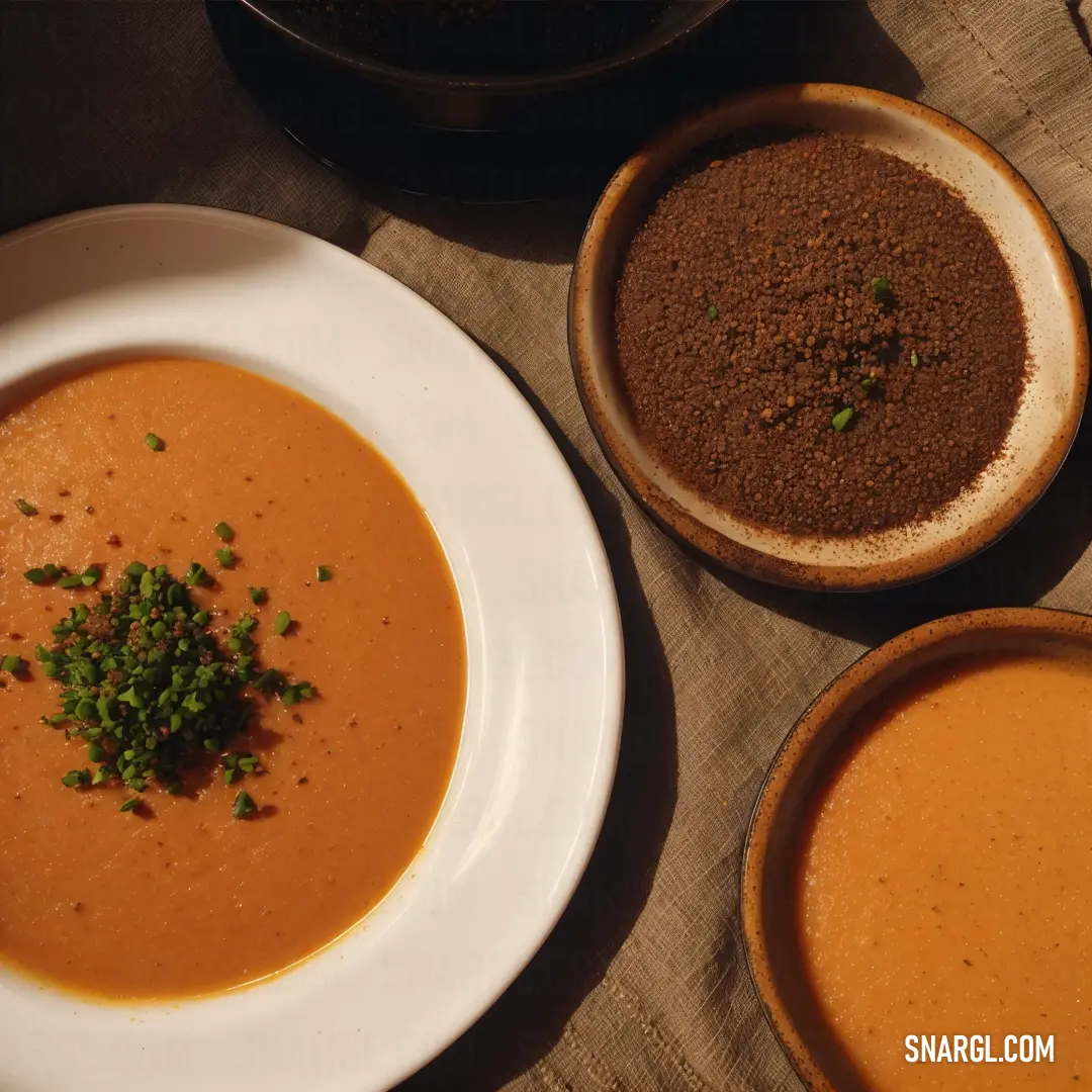 Bowl of soup with a spoon and two bowls of soup on the side of the bowl. Example of Tenne color.