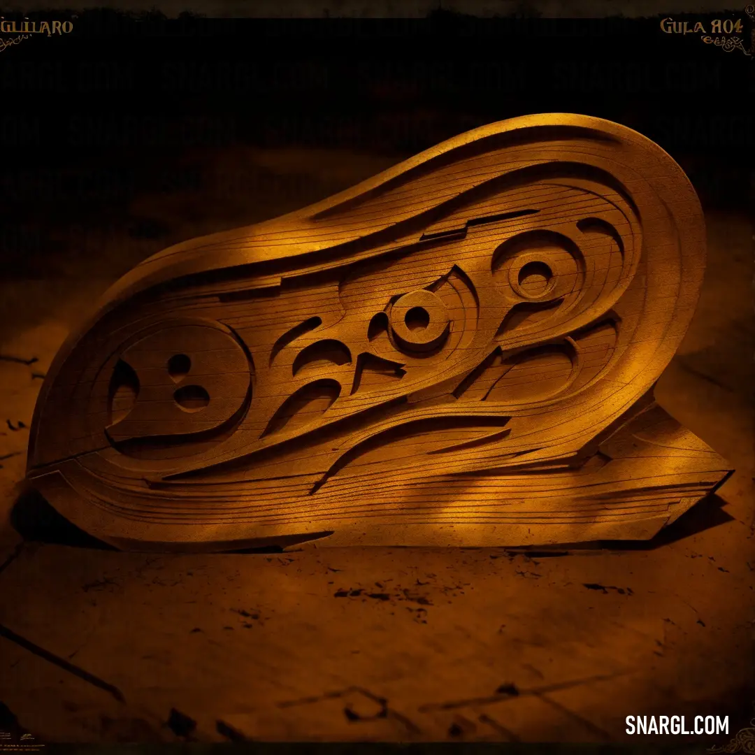 Carved wooden object with a light shining on it's side and a face on the side of it