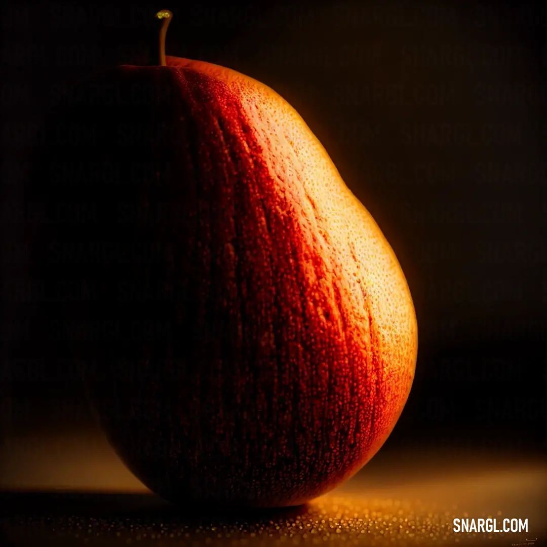 Close up of a fruit on a table with a dark background and a light reflection on the surface