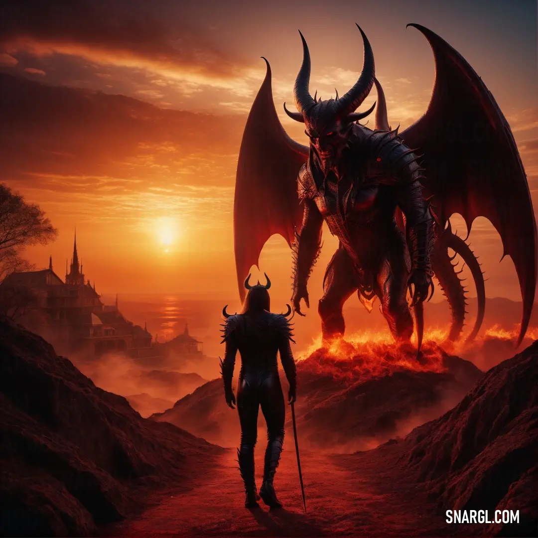 Demonic dragon standing next to a demon on a mountain at sunset with a castle in the background and a man holding a sword