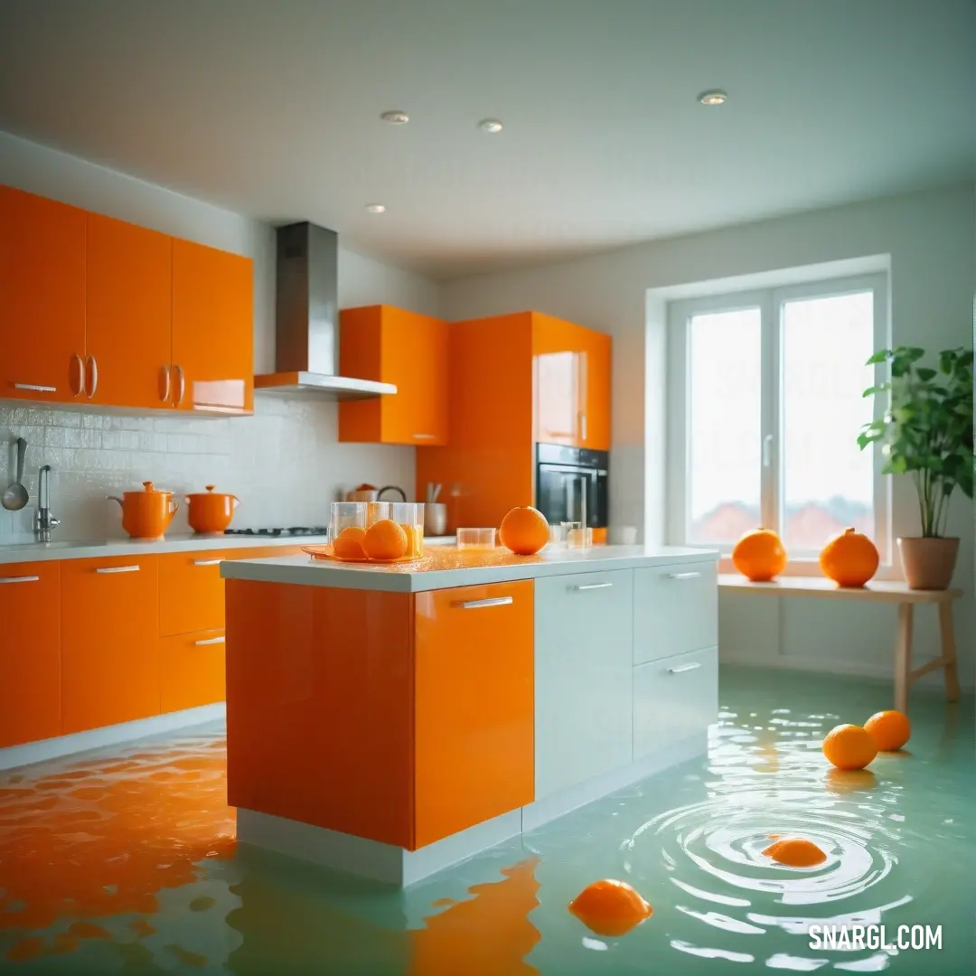 Kitchen with orange cabinets and water in the floor and a sink and countertop with orange bowls on it. Example of #CD5700 color.