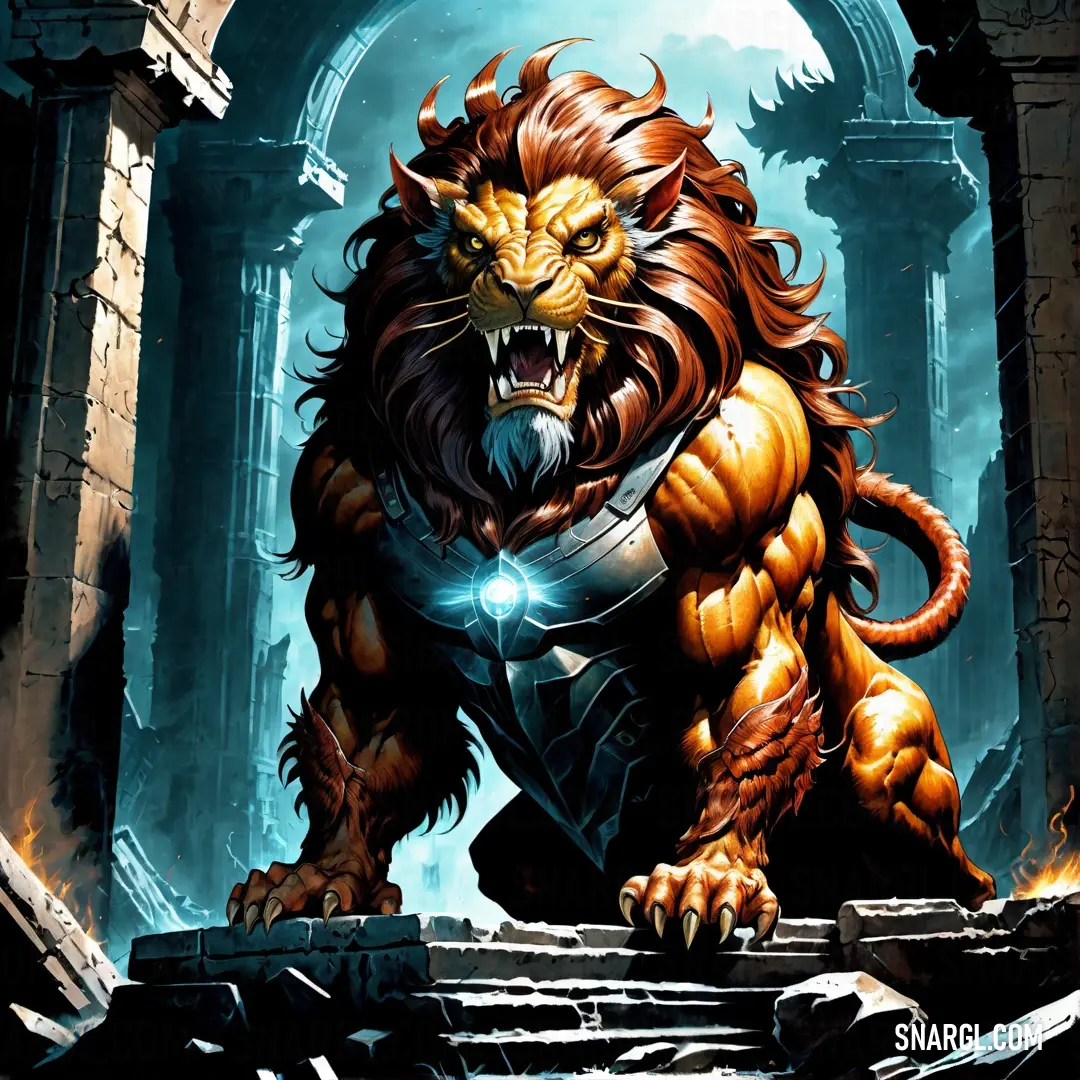 Tenne color example: Lion with a glowing eye and a large mane is standing in a doorway with a stone wall
