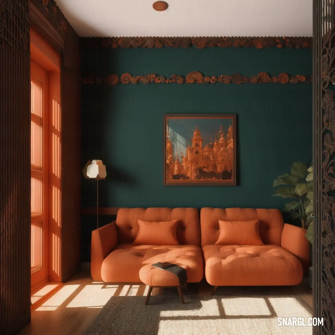 Living room with a couch and a painting on the wall above it and a chair in the corner. Color Tenne.