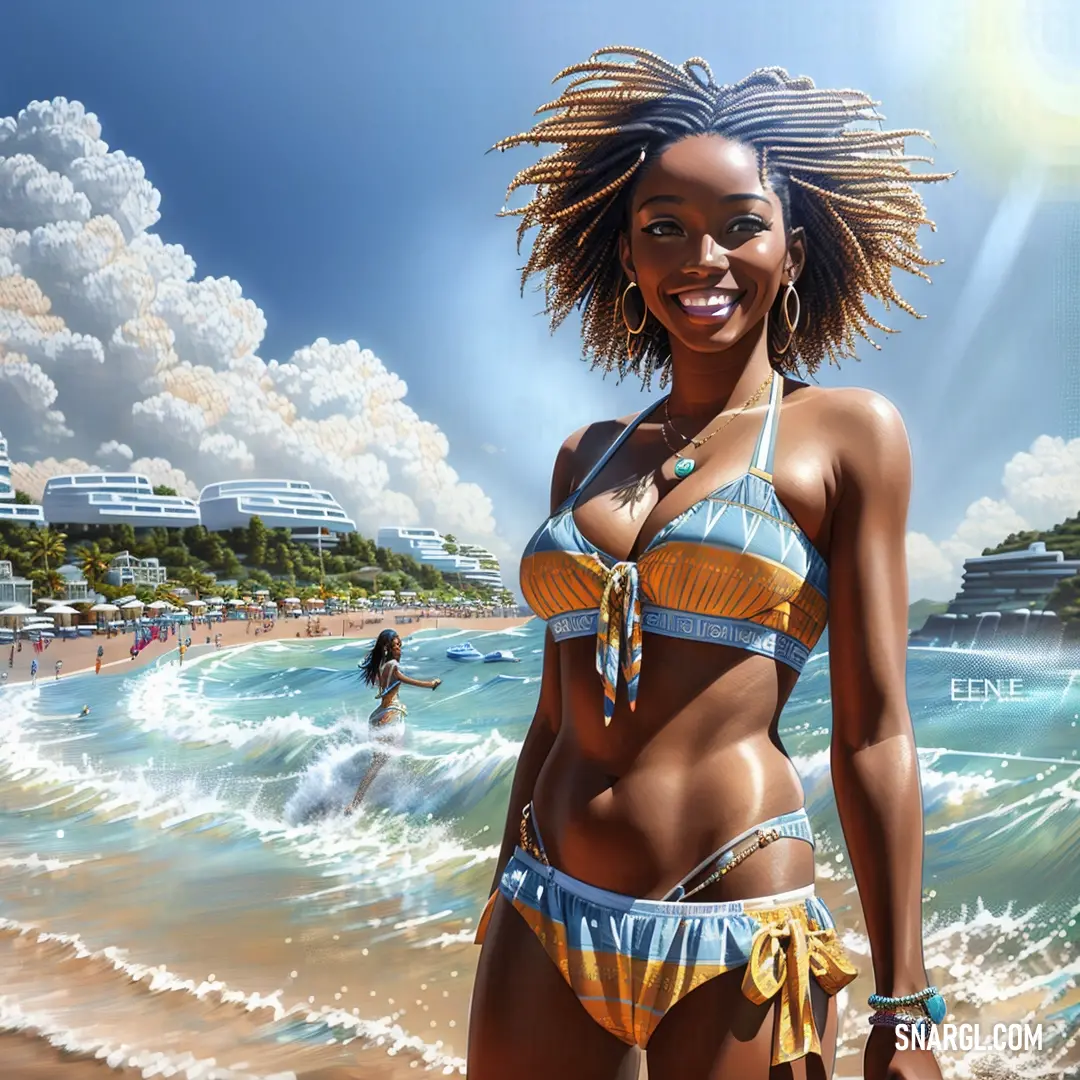 Painting of a woman in a bikini on the beach