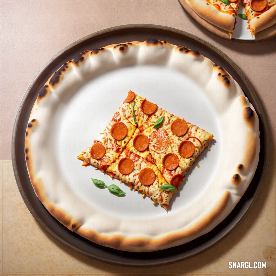 Plate with a piece of pizza on it and a plate with a slice of pizza on it on a table. Color RGB 205,87,0.