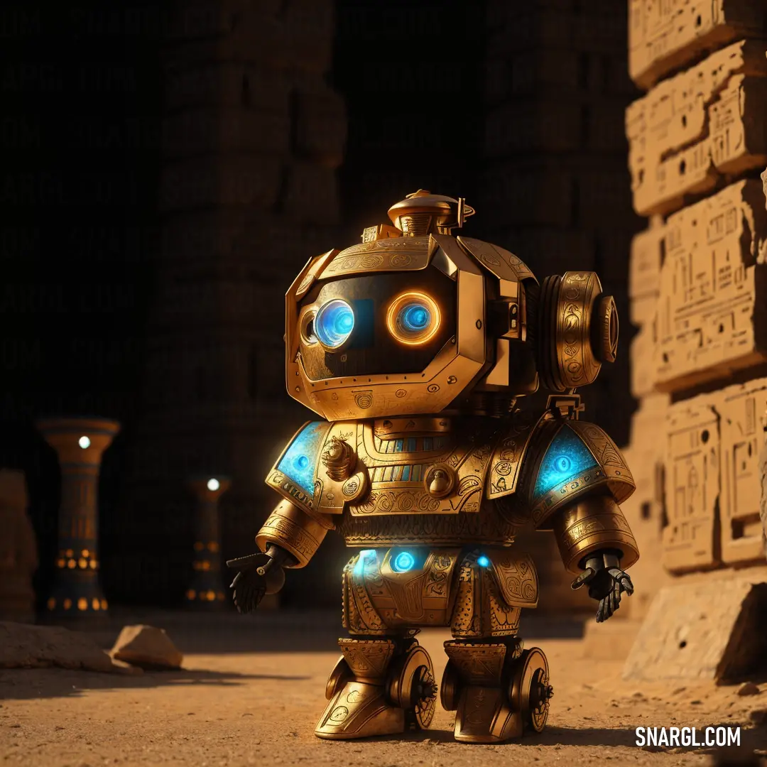 Robot with glowing eyes standing in front of a pile of bricks in a dark room with a light on