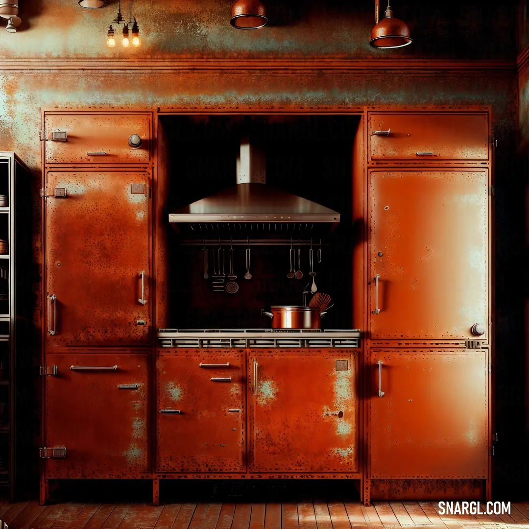 Rusted metal kitchen with a stove and oven in it's center area and a wall of cabinets. Example of RGB 205,87,0 color.