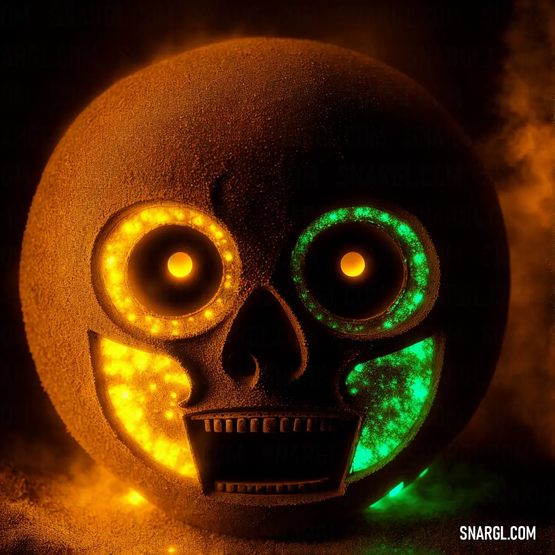 Skull with glowing eyes and a glowing face is shown in the dark with a green light in the eyes. Color Tenne.
