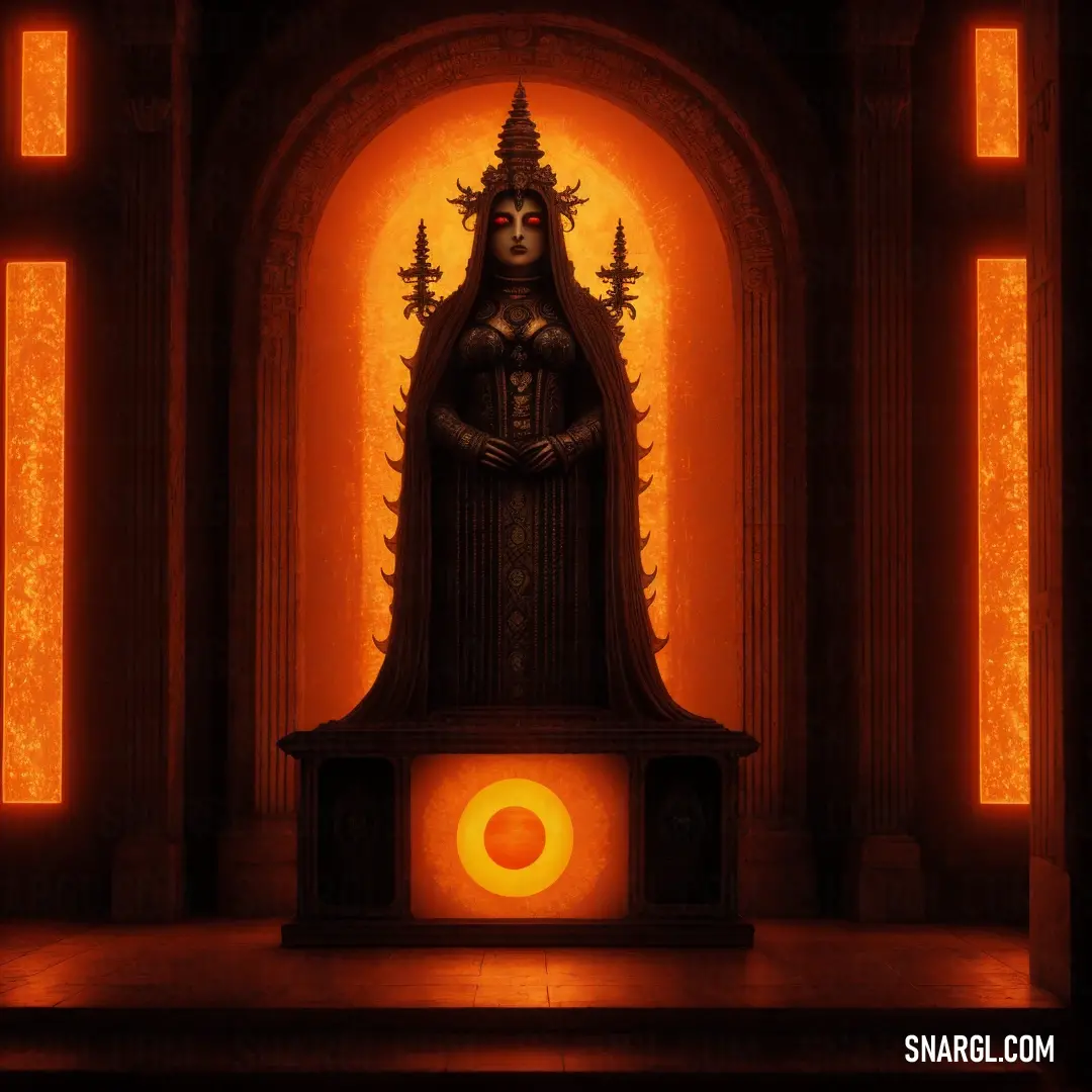 Statue of a woman in a dark room with orange lights on the walls. Color #CD5700.