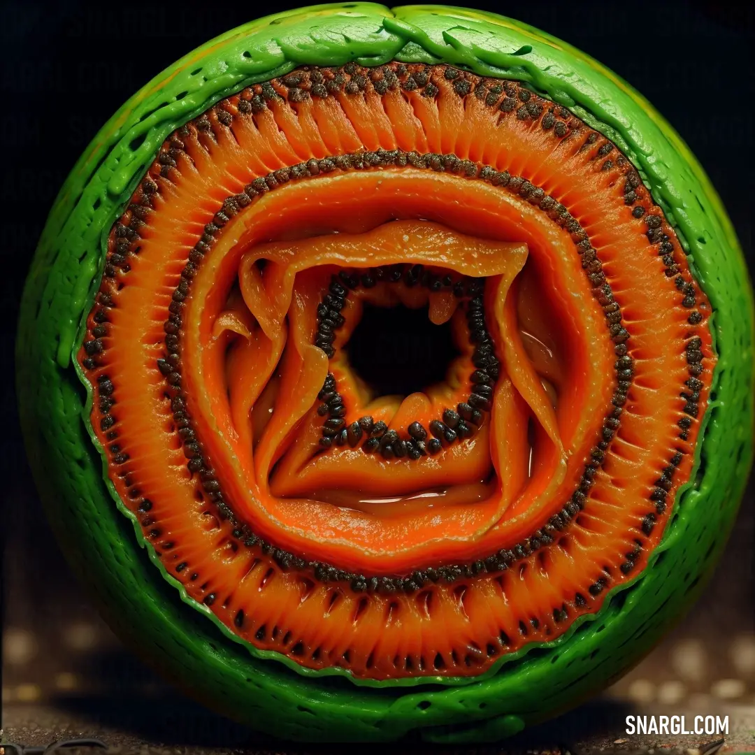 Tenne color example: Close up of a fruit with a spiral design on it's surface and a black background