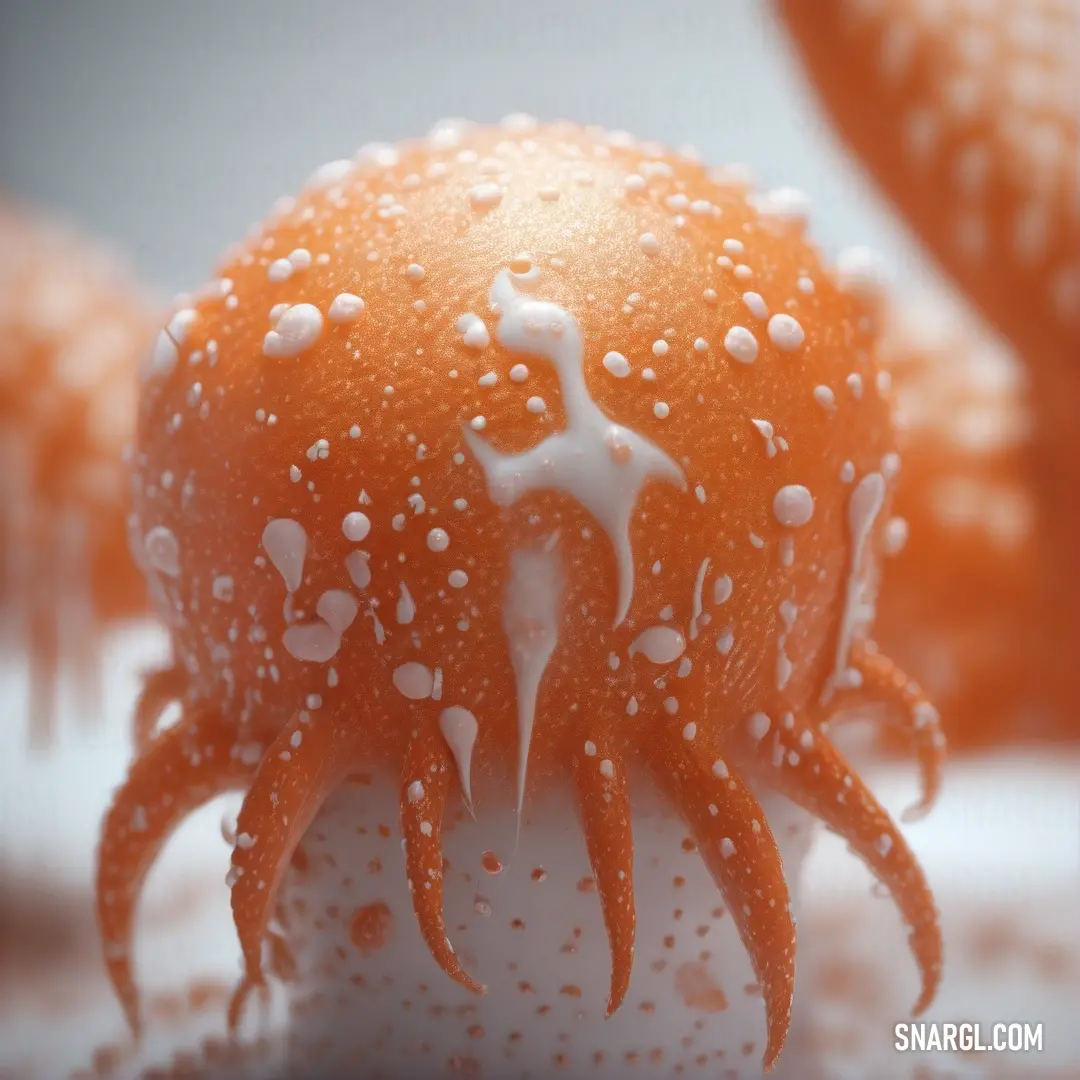 Orange octopus is covered in water droplets and is on a white surface with other orange objects in the background