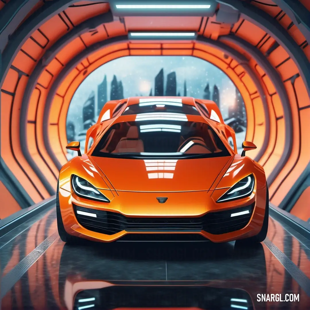 Orange sports car in a futuristic tunnel with a city in the background. Example of RGB 205,87,0 color.