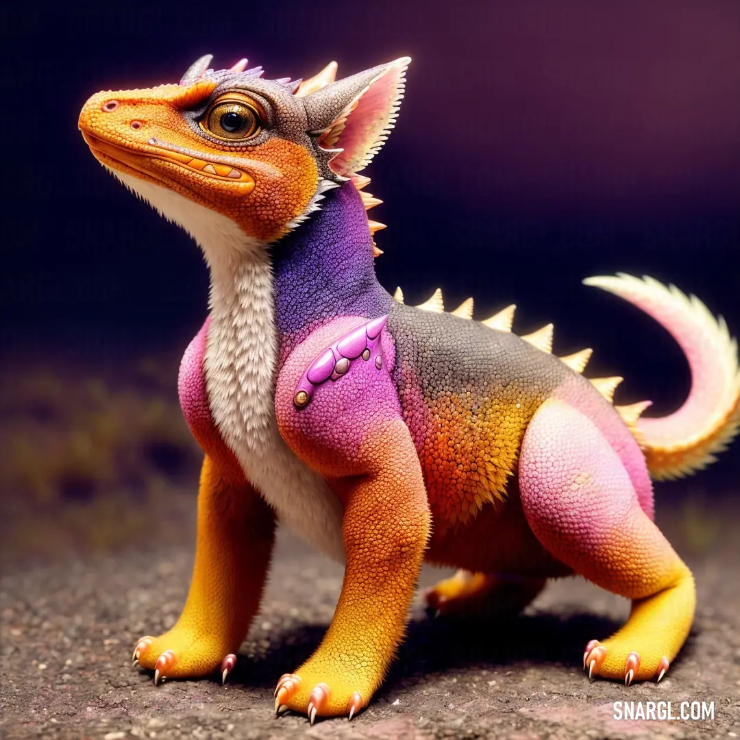 Toy dinosaur with a purple and orange tail and a pink and orange tail and a white tail and a black nose. Example of RGB 205,87,0 color.