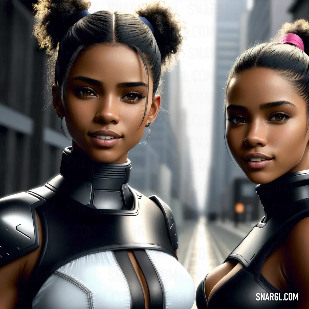 Two women in futuristic outfits standing in a city street with buildings in the background and a city street with cars