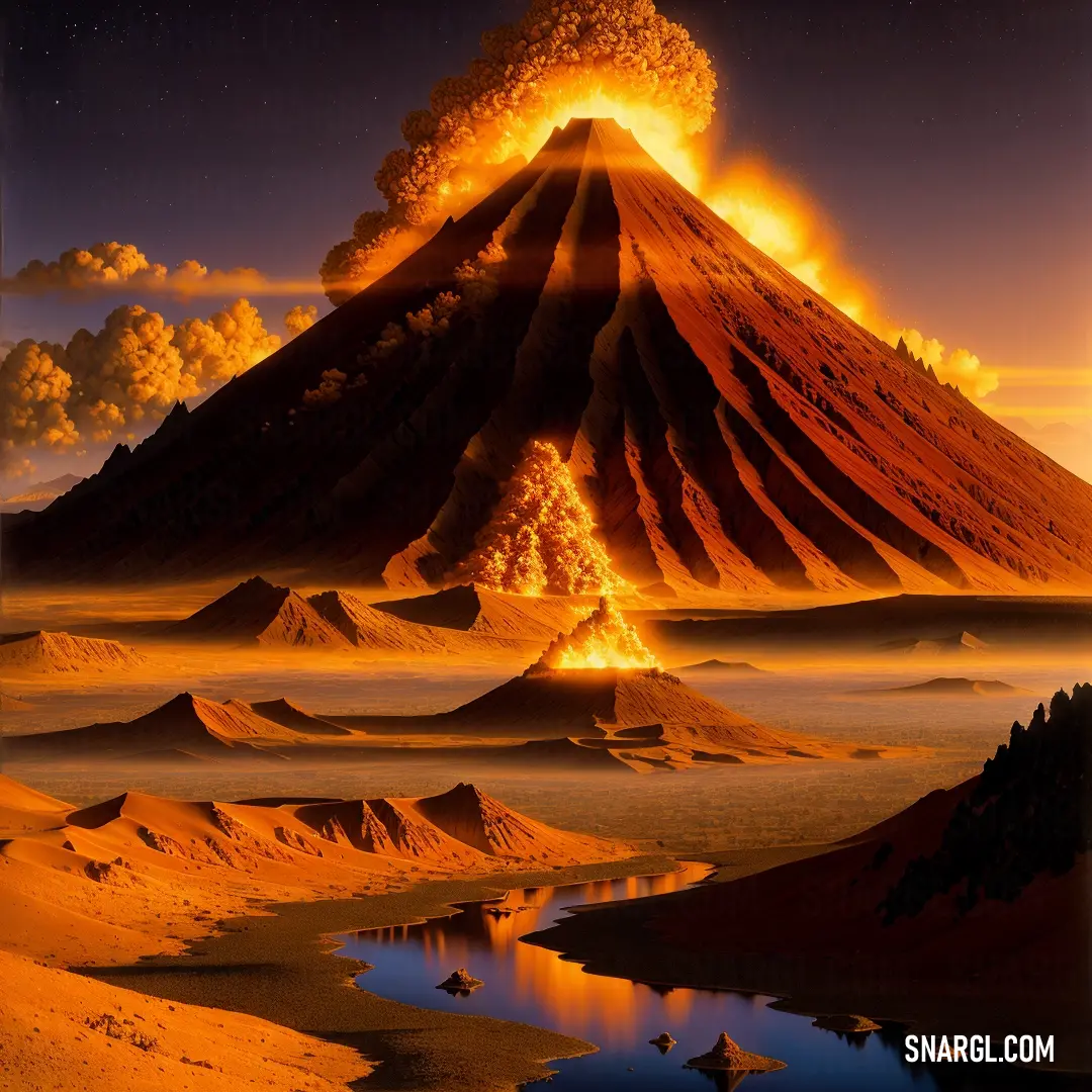 Volcano with a lake in the foreground and a sky filled with clouds in the background with a bright orange glow