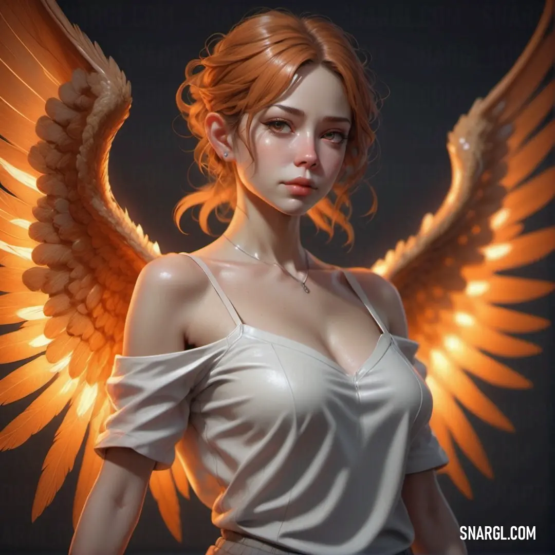 Woman with a large orange angel wings on her shoulder and chest. Example of RGB 205,87,0 color.