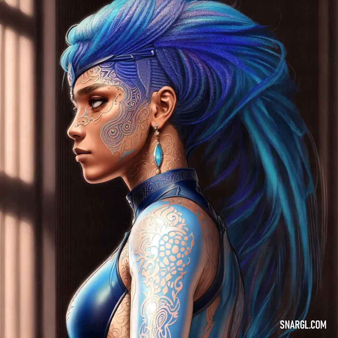 Woman with blue hair and tattoos on her body and chest