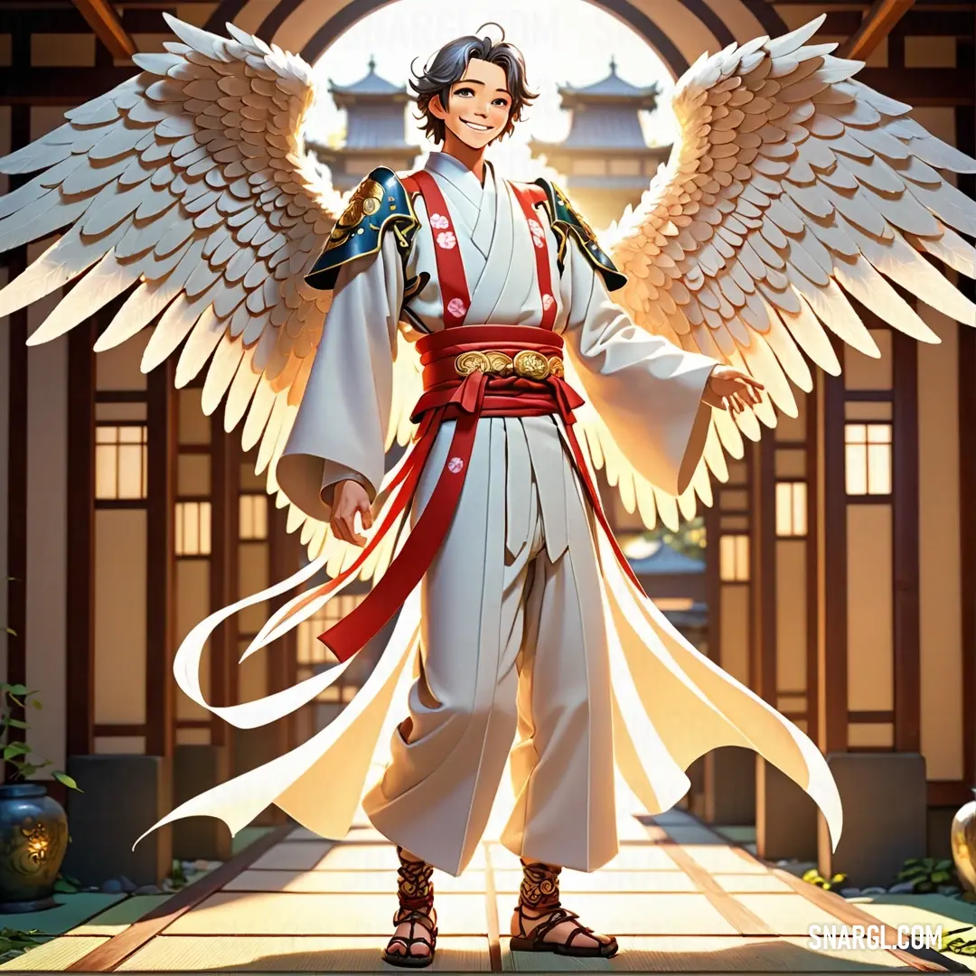 Tennin with wings standing in a hallway with a building in the background