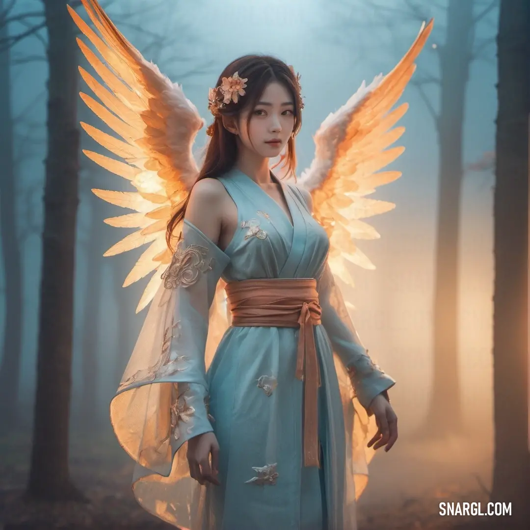 Tennin dressed in a blue dress with wings and a halo around her head in a forest with fog