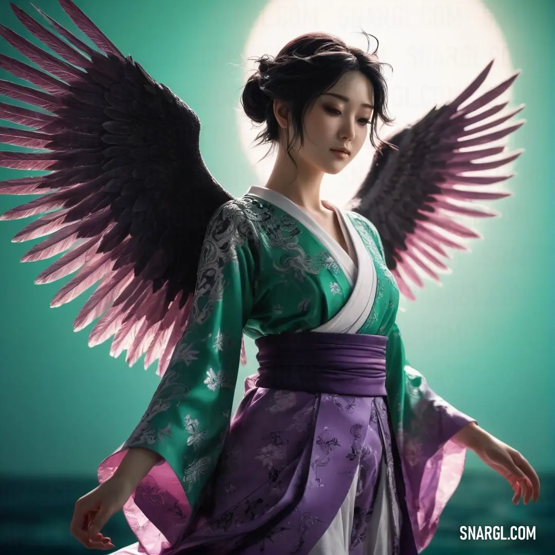 Tennin dressed in a green and purple outfit with wings on her back and a full moon in the background