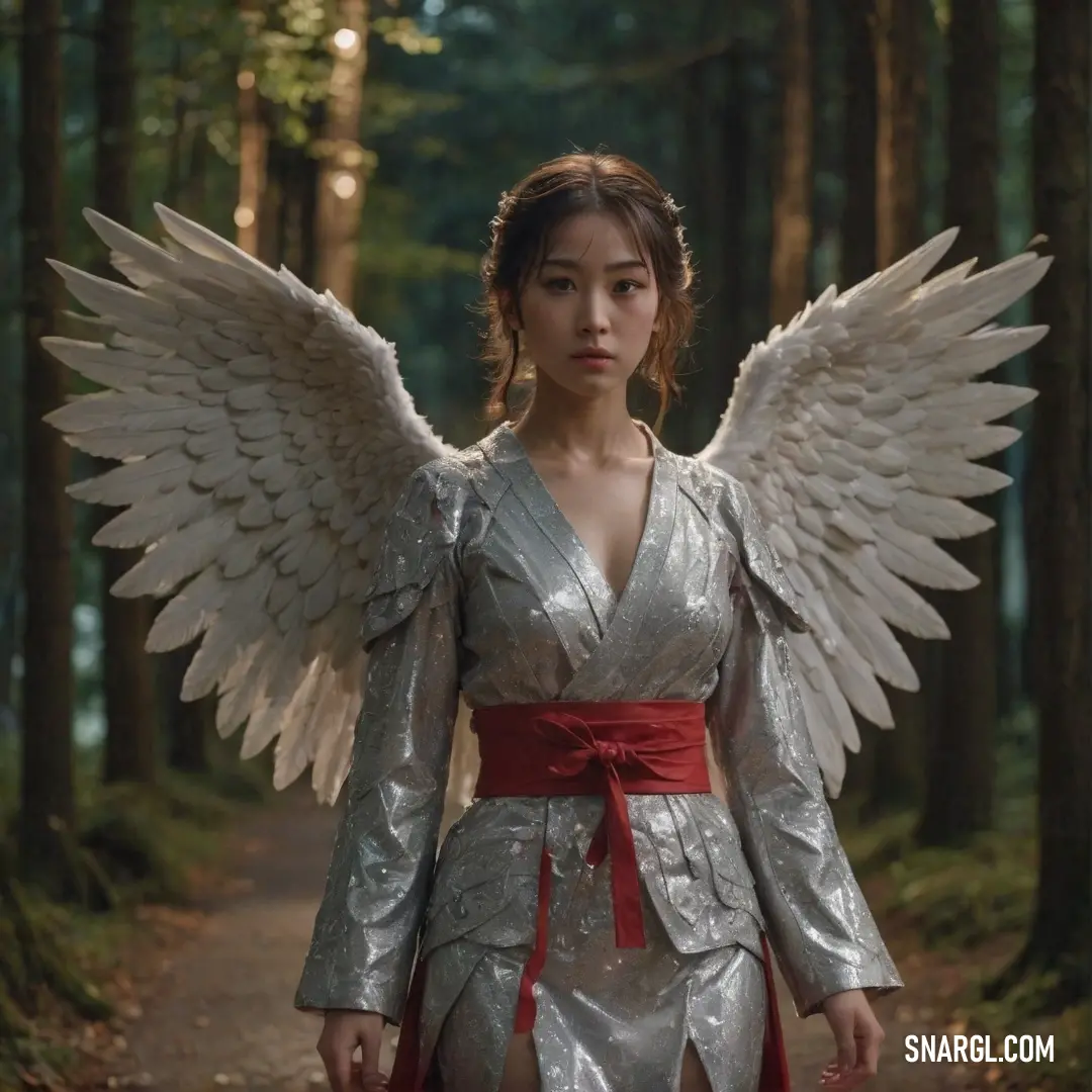 Tennin dressed in a silver dress with wings on her shoulders and a red belt around her waist