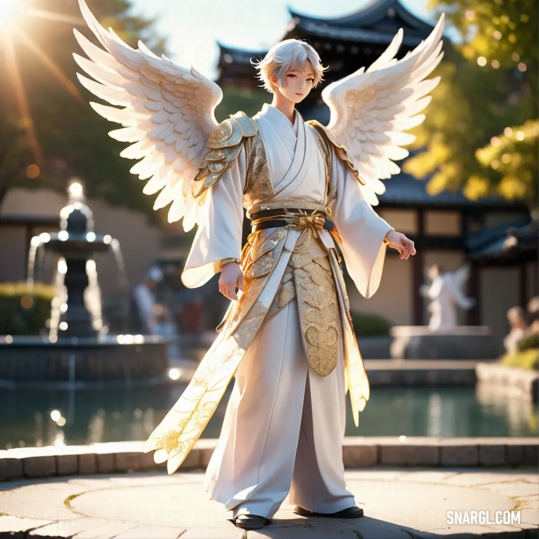 Tennin dressed in a white and gold outfit with wings and a sword in her hand