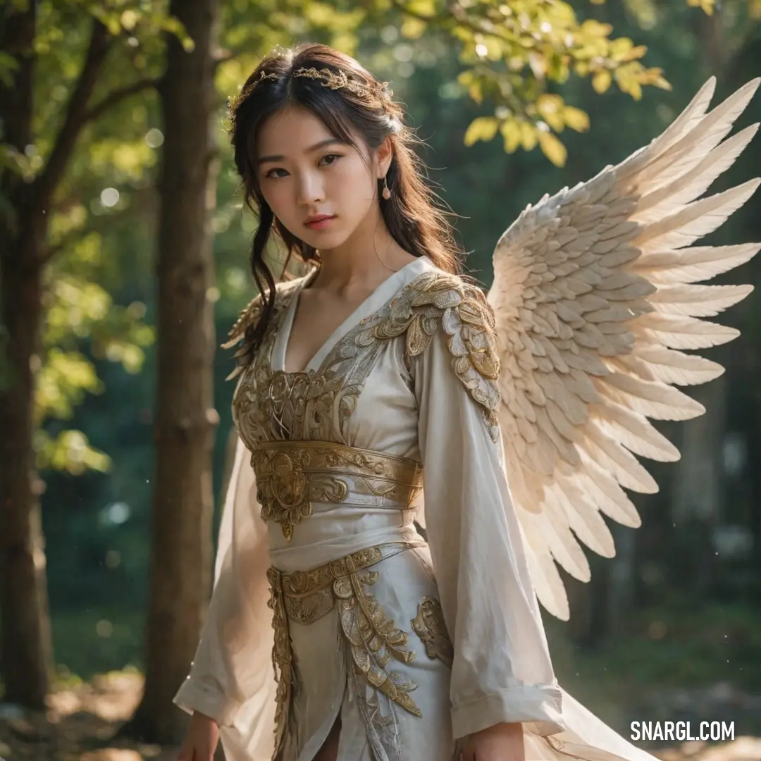 Tennin dressed in a white and gold costume with wings on her head and a tree in the background