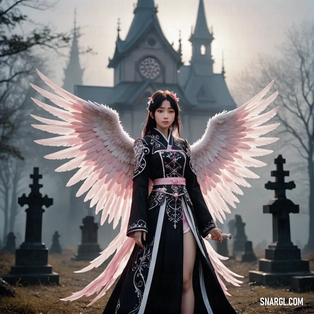 Tennin in a black dress with pink wings standing in front of a cemetery with a clock tower in the background