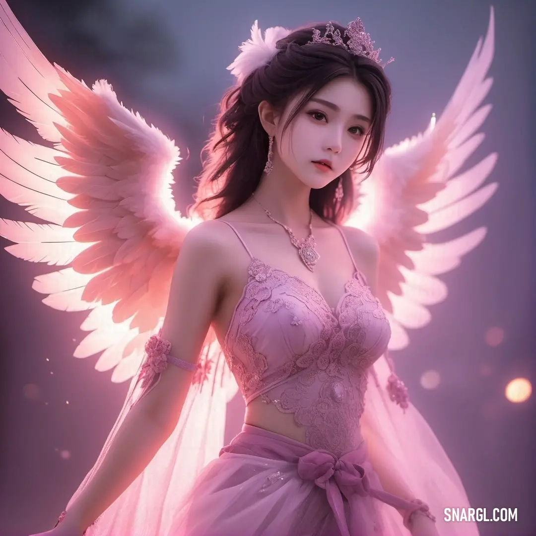 Tennin in a pink dress with angel wings on her head