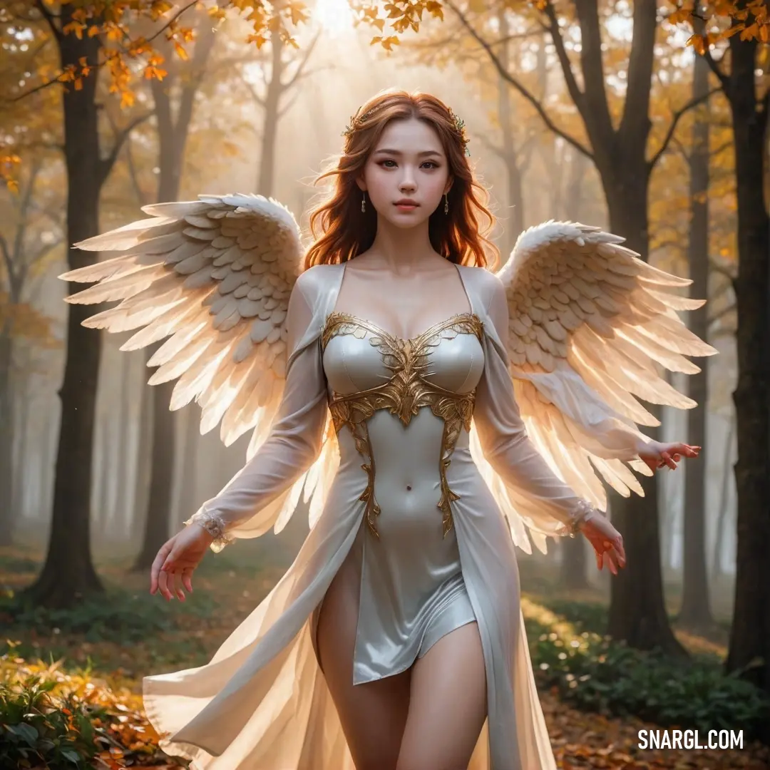 Tennin in a white dress with wings and a white dress with gold accents is walking through a forest