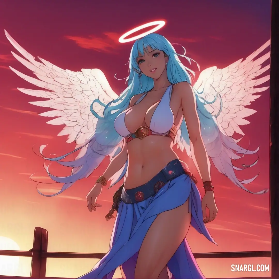 Tennin with blue hair and angel wings standing in front of a sunset with a halo above her head