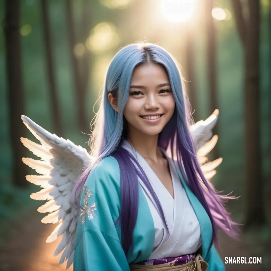 Tennin with blue hair and angel wings on her head and a forest background