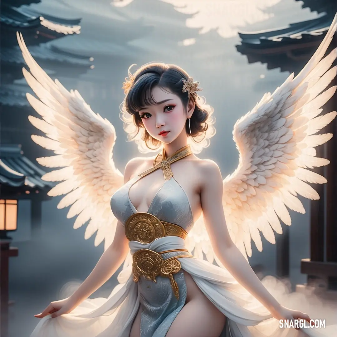 Tennin with wings and a dress on is standing in front of a building with a lantern in her hand
