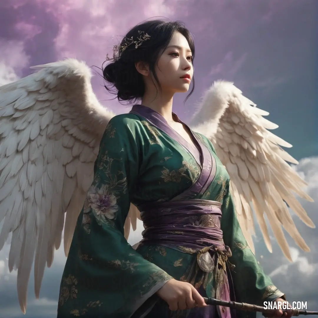 Tennin with wings on her head holding a sword and a sword in her hand, with clouds in the background