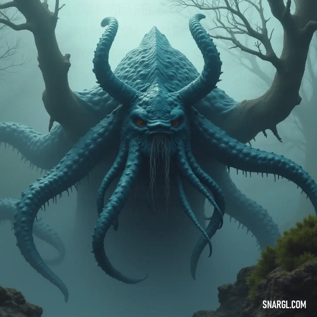 A massive blue Tentacle Titan reigns over a lush forest, a remarkable testament to nature's grandeur. A massive blue Tentacle Titan towers over a lush forest, its elongated tentacles reaching out among the trees and rocks, commanding an air of majesty and terror.