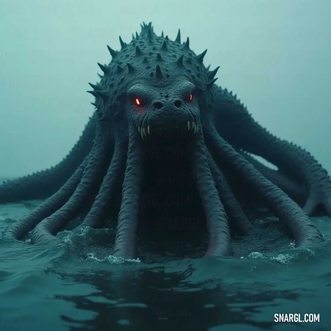 A Giant Tentacle Titan with red eyes prowls the ocean depths, sending shivers down the spine. A menacing Giant Tentacle Titan with piercing red eyes navigates the depths of a cerulean ocean, the silhouette of a distant boat barely visible against the crashing waves.