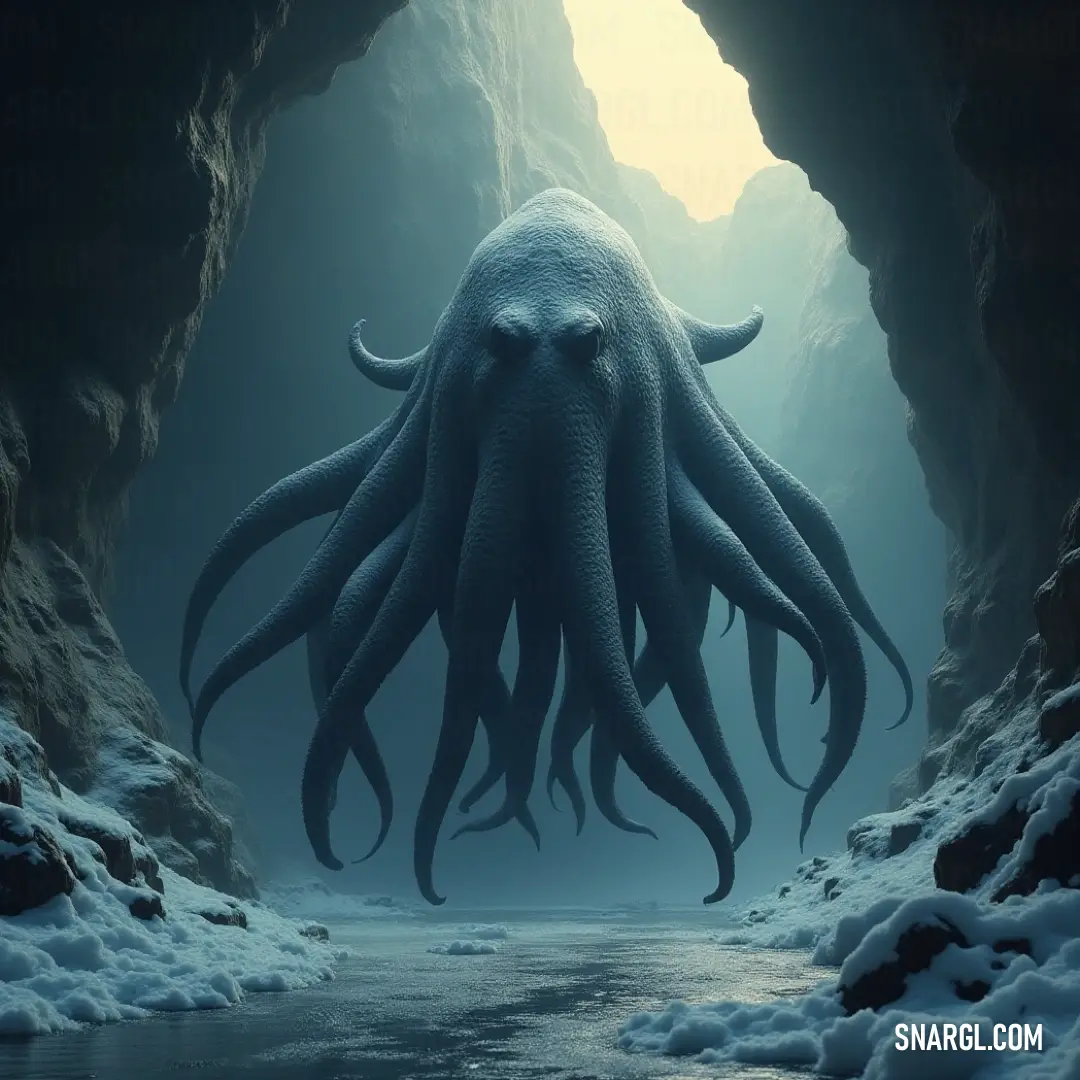 A striking Tentacle Titan traverses a snowy cave, blending seamlessly with its surreal surroundings. A striking Tentacle Titan swims in a cave adorned with glistening snow, its tentacles breaking the chilly waters as it navigates this surreal landscape.