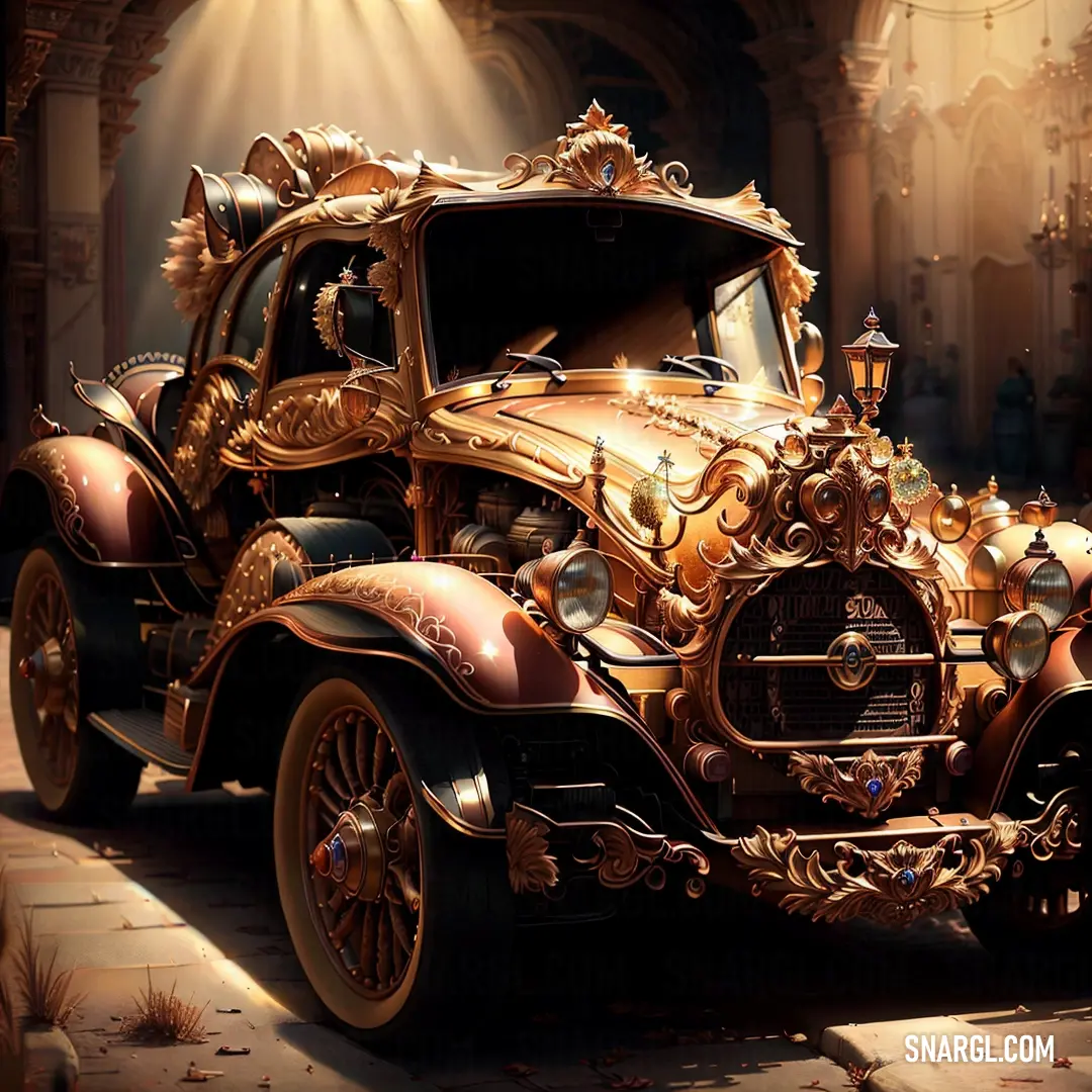 Car with a gold paint job parked in a building with a light shining on it's side