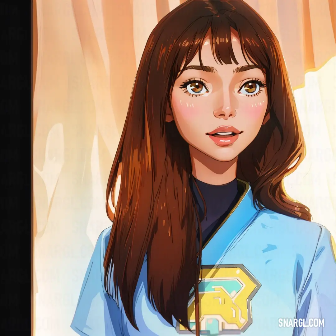 Cartoon of a girl with long brown hair and a blue shirt with a yellow letter on it
