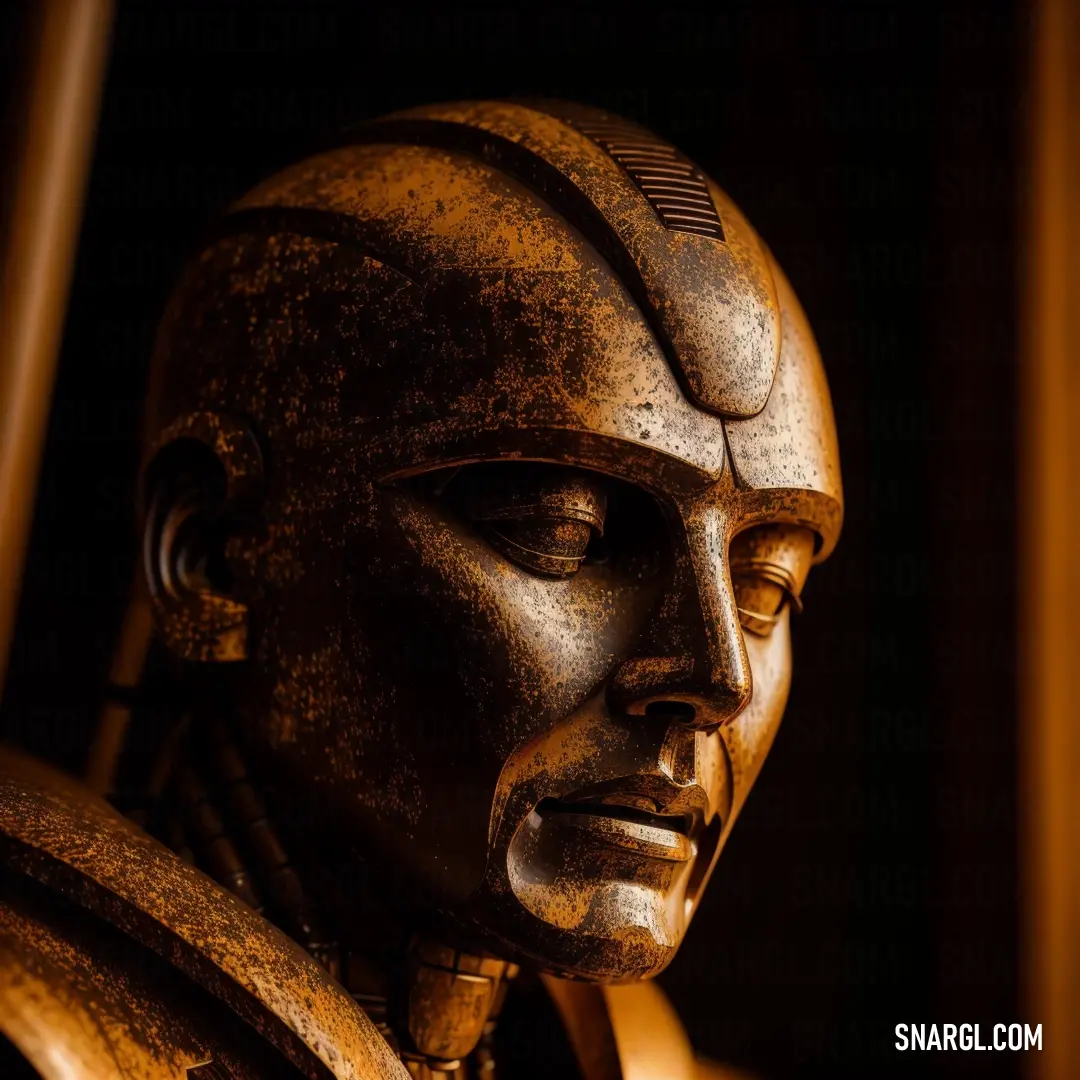 Close up of a statue of a man with a helmet on and a black background with a light