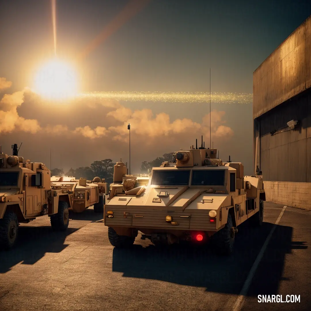 Group of military vehicles parked in a parking lot at sunset or dawn